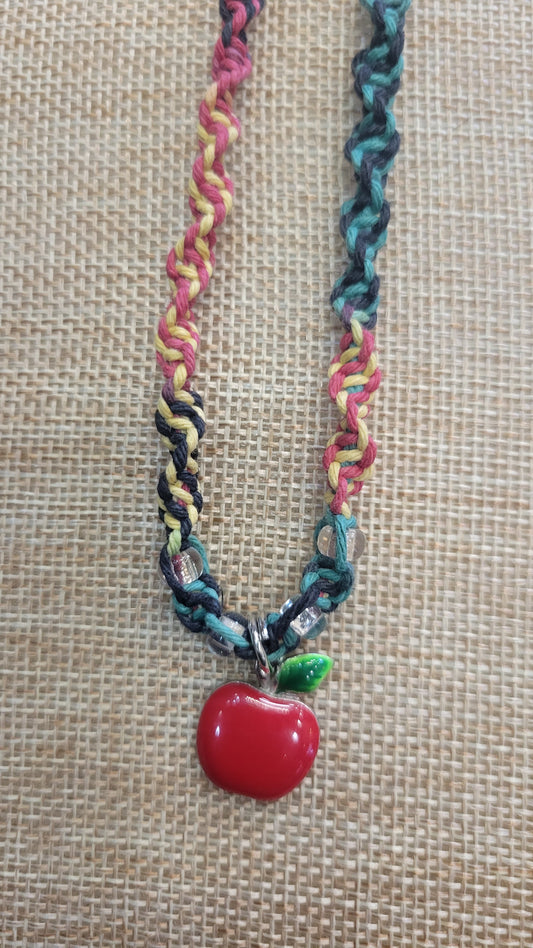 Hemp Necklace with Apple Charm *Rasta Colors*